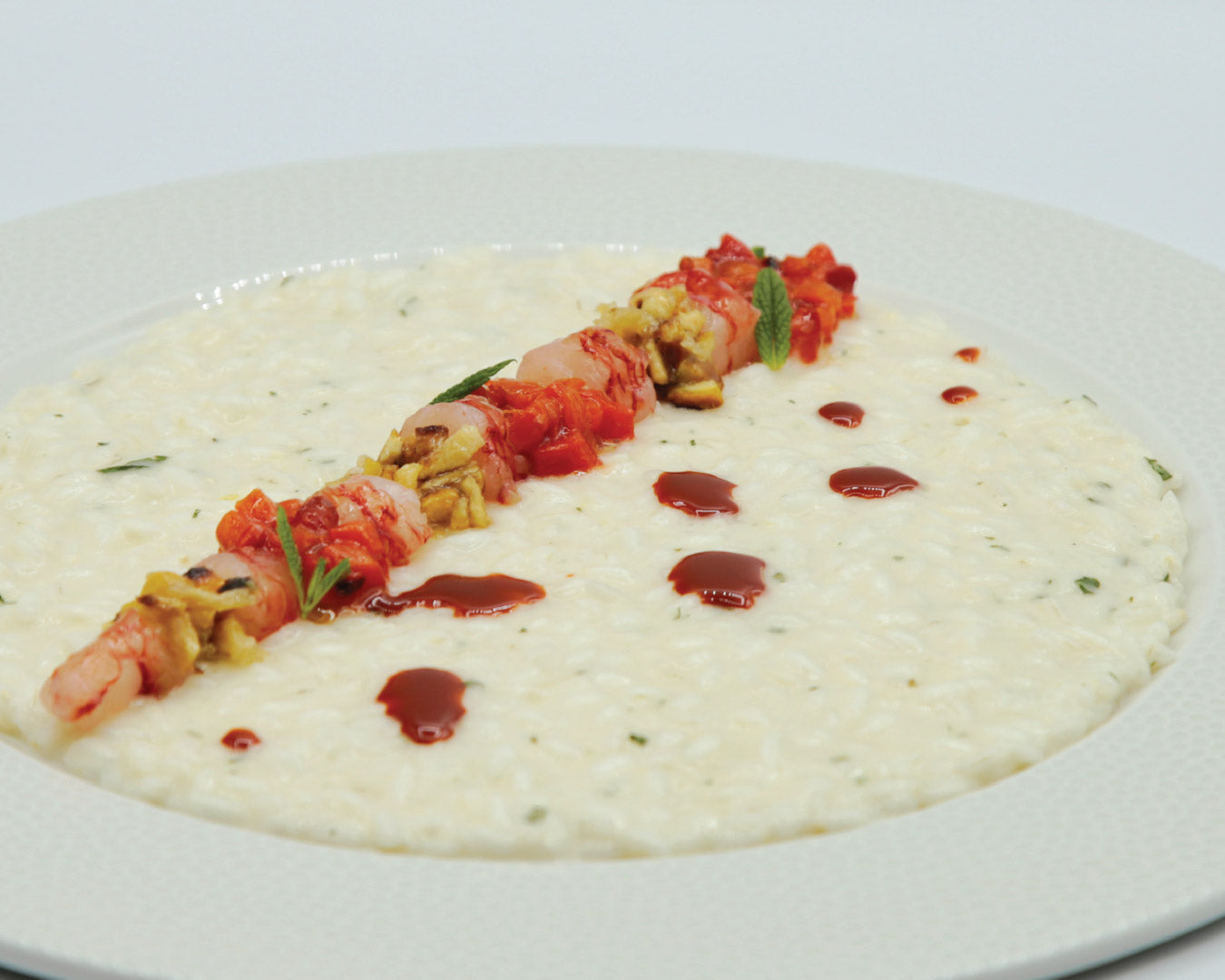 Risotto alla Menta con Peperone e Limone Arrostiti, Gambero Crudo ed Elisir "Message in the Bottle"